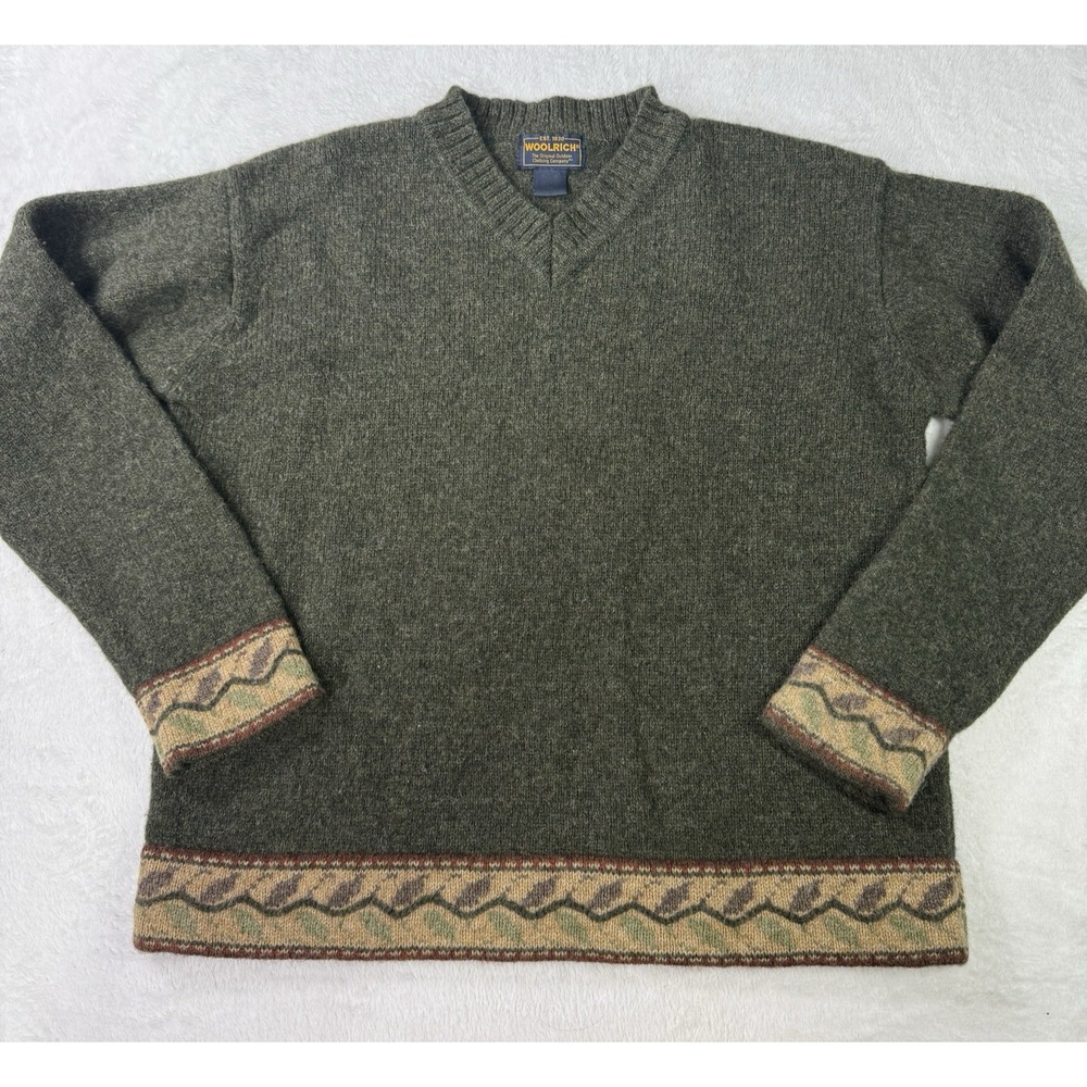 Vintage Woolrich Wool V Neck Knit Sweater Womens M Leaves Branch Leaf Green